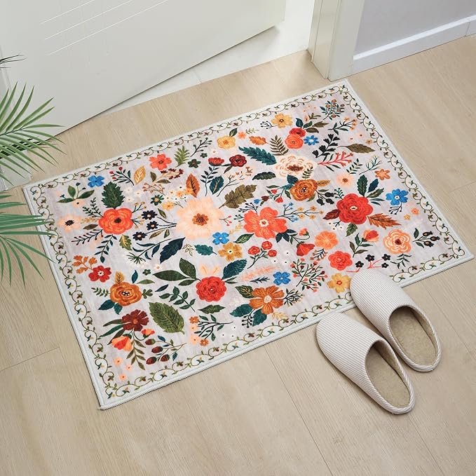 Door Mat Indoor Entrance 2x3 Rug Machine Washable Boho Floral Small Area Rug Non-Slip Low Pile Throw Rugs for Entryway, Kitchen, Front Door Indoor Entrance, Entry, Kids Room (Beige)-Ruum Studio Home