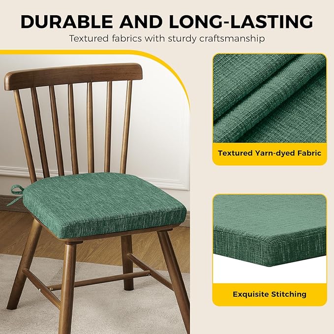 downluxe Indoor Chair Cushions for Dining Chairs, Soft and Comfortable Textured Foam Kitchen Chair Pads with Ties and Non-Slip Backing, 16" x 16" x 2", Dark Green, 6 Pack-Ruum Studio Home