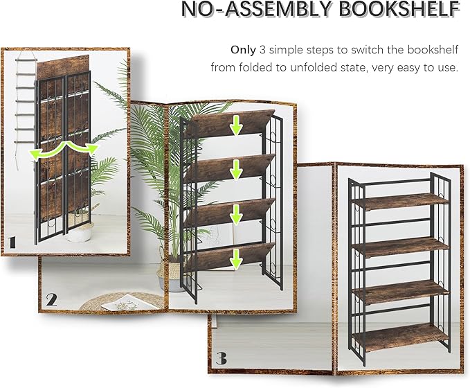 4NM No Assembly 4 Tiers Folding Bookshelf, 47.2" H Foldable Storage Shelves Vintage Bookcase Standing Racks Study Organizer Home Office - Rustic Brown Black-Ruum Studio Home