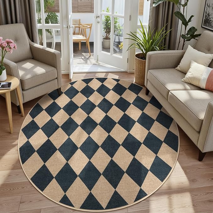 Lahome Checkered Round Rugs 6ft, Washable Easy Jute Circle Patio Rug Indoor Outdoor Rugs for Living Room, Farmhouse Natural Round Area Rug Contemporary Carpet for Entryway Backyard-Ruum Studio Home