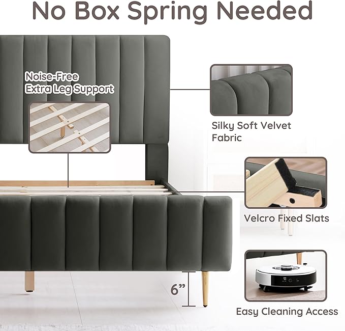 Livinia Full Size Elton Velvet Platform Bed, Upholstered Bed Frame with Vertical Channel Tufted Headboard Footboard, Strong Wood Slats, No Box Spring Needed, Gray (Full)-Ruum Studio Home