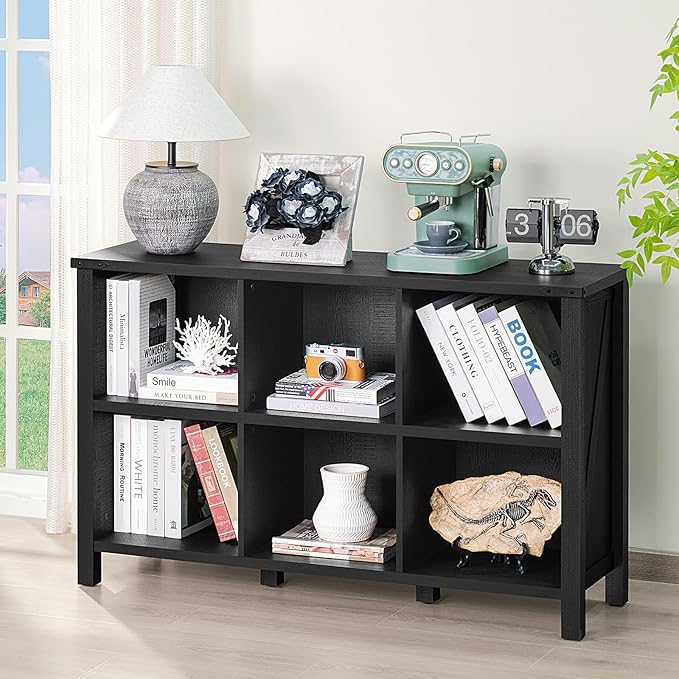 6 Cube Bookcase, Farmhouse Wood Low Storage Organizer Book Shelf, Black 47" Horizontal Console Bookshelf with Legs, Hallway Book Case for Entryway, Display Cabinet for Living Room, Office-Ruum Studio Home