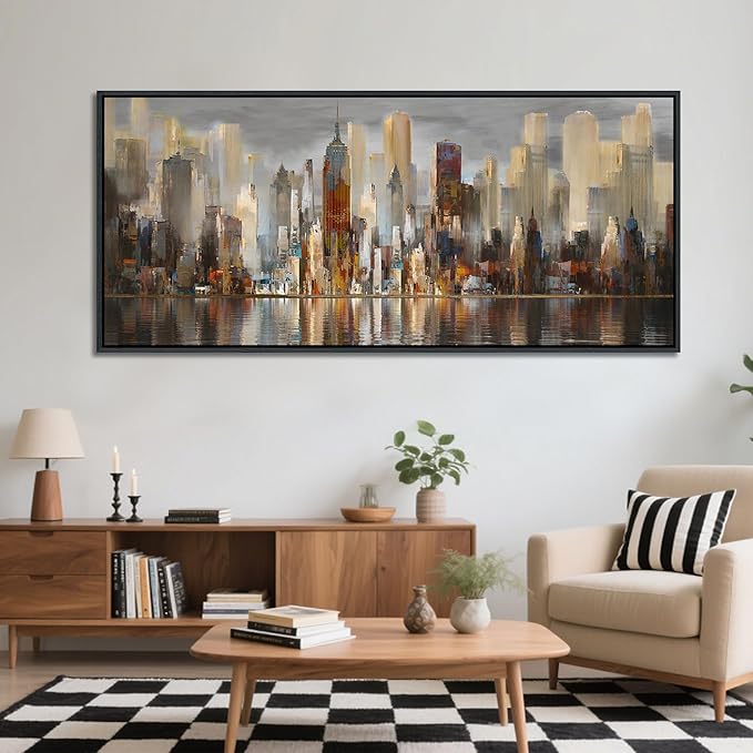 Framed Large Cityscape New York Wall Art Canvas Prints Abstract Brown City Theme Paintings Modern Canvas Wall Art for Living Room Pictures Wall Decor Bedroom Big Size 31x70-Ruum Studio Home