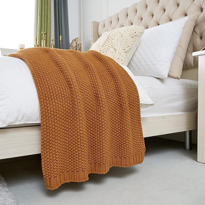 Chunky Cable Knit Throw Blanket Lightweight Burnt Orange 100% Organic Cotton Blanket for Sofa Couch Bed Baby Nursery, Rustic Shabby Chic Modern Farmhouse, 60” x 80” Give Laundering Bag-Ruum Studio Home