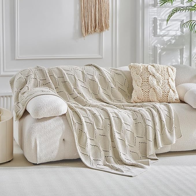 Longhui bedding Chunky Cotton Knit Throw Blanket for Couch, Sofa, Bed, or Chair, Decorative Breathable Fall Cable Knit Blanket 60 x 80 Inches, Large Medium Weight Beige-Ruum Studio Home