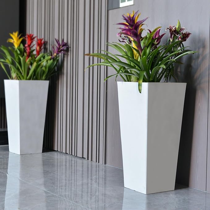 GreenShip 27" Tall Planters, Set of 2 – Black Outdoor Planter for Front Porch & Tall Plants, Weather-Resistant, with Drainage Hole & Rubber Plug (No Plants Included) (White-2pcs)-Ruum Studio Home