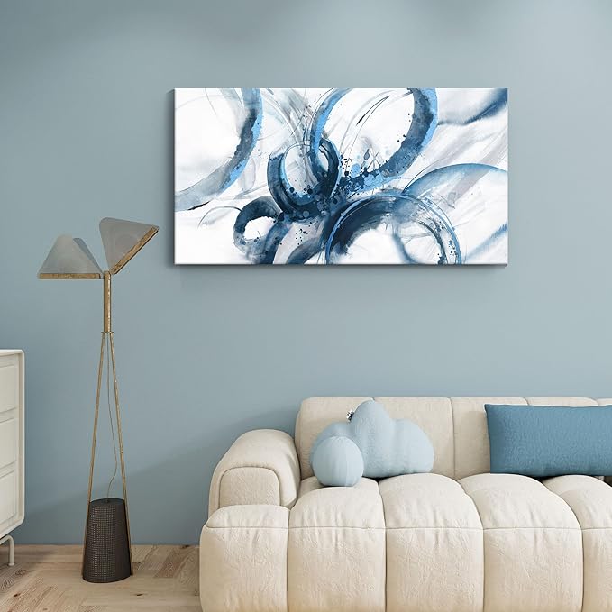 Blue Wall Art Large Pictures for Living Room Abstract Wall Decor Wall Decoration Print Pictures Canvas Framed Artwork Minimalist Paintings for Office Above Bed Wall Decor 24×48in-Ruum Studio Home