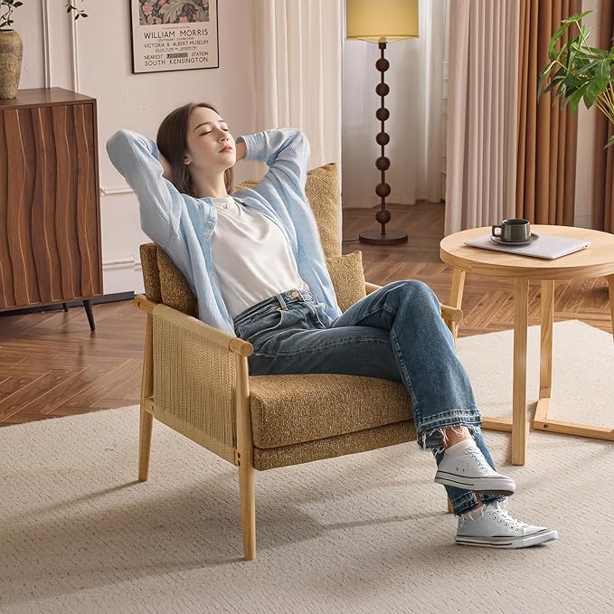 VINGLI Boho Braid Accent Armchairs Set of 2,Mid-Century Modern Chiars with Solid Wooden Armrest,Comfy Louge Cushion Chairs with Waist Pillow for Bedroom,Living Room,Reading Room, Khaki-Ruum Studio Home