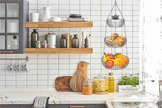 CAXXA 3-Tier Hanging Basket Fruit Organizer Kitchen Heavy Duty Wire Organizer with 2 Free Bonus Metal Ceiling Hooks, Chrome-Ruum Studio Home