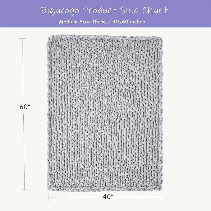 Bigacogo Chunky Knit Throw Blanket for Couch, 40x60 inches, 100% Hand Knitted with Thick Jumbo Chenille Yarn, Cozy Soft Large Rope Knot Cable Crochet Blankets for Sofa Bed Living Room, Light Grey-Ruum Studio Home