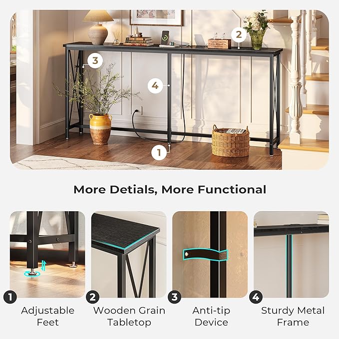 SUPERJARE 70 Inch Console Table with Outlets and USB-C Port, Extra Long Behind Couch Sofa Table with X-Shaped Design, Narrow for Entryway, Living Room, Metal Frame, Wooden Top, Black-Ruum Studio Home