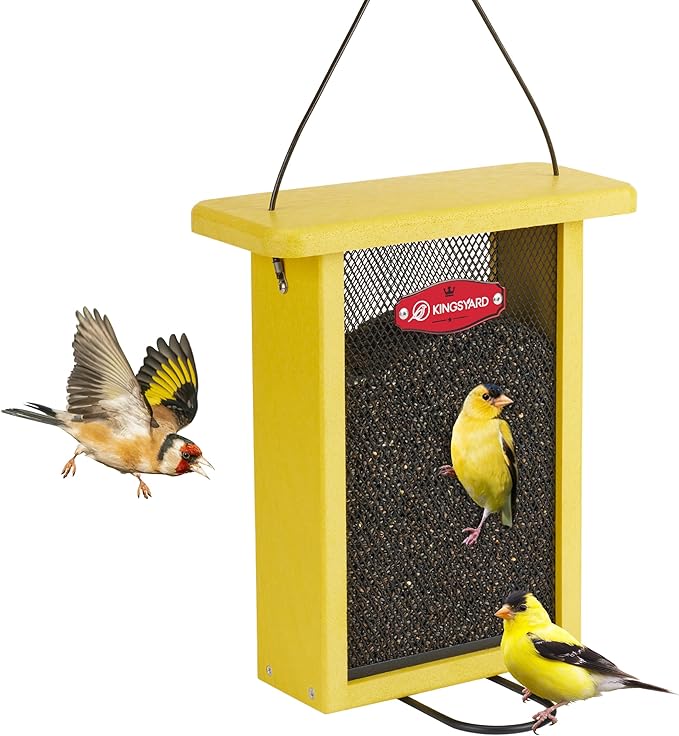 Kingsyard Metal Mesh Bird Feeder for Outdoors Hanging, Finch Feeder for Nyjer/Thistle, Sliding Mesh & Built-in Perch, Recycled Plastic, Yellow-Ruum Studio Home