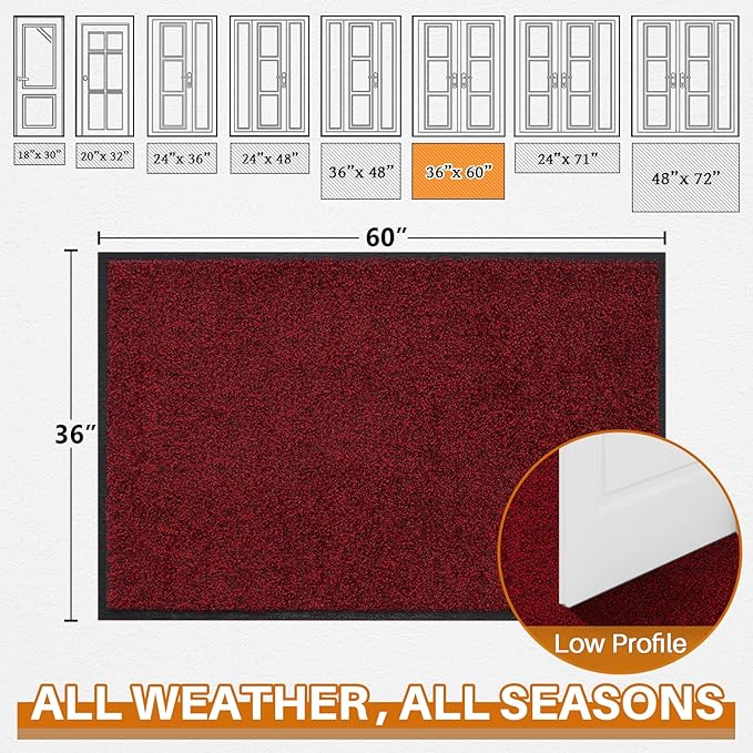 Mibao Front Door Mat, Dirt Trapper Welcome Mat for Outdoor Indoor, Non-Slip Waterproof Doormat, Durable Machine Washable Low Profile Entry Rug for Back Door Outside Patio Porch, 60" x 36", Red-Ruum Studio Home