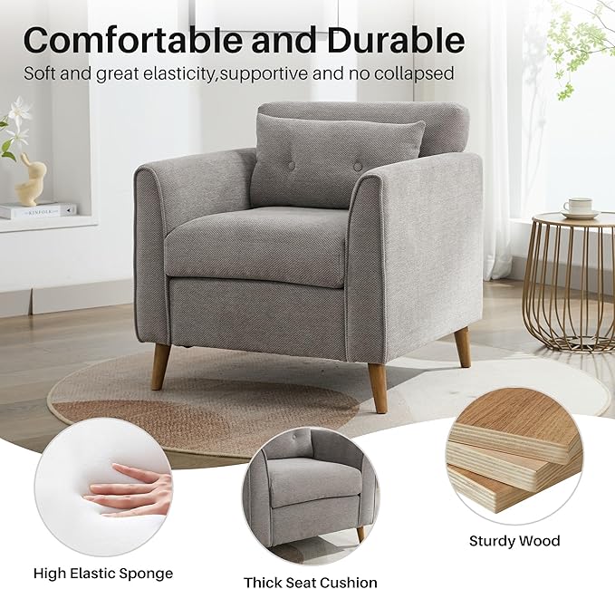 Mid Century Modern Accent Chairs, Chenille Grey Upholstered Armchair,Living Room Chairs with Wooden Legs, Side Single Sofa Chair for Bedroom, Office Cafe Waiting Room Apartment-Ruum Studio Home