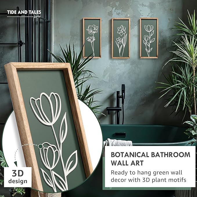 3D Floral Green Wall Art (Set of 3) Lightweight, Wooden Ready-to-Hang Boho Framed Wall Art for Bathroom, Master Bedroom, Living Room or Office - Premium Sage Green Farmhouse Decor - Gift-Boxed-Ruum Studio Home