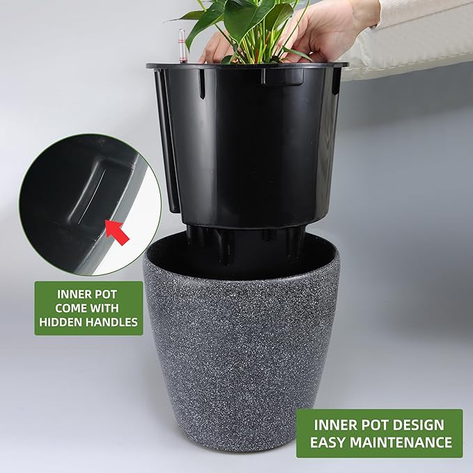 Dexceder 15x14 Self Watering Planter with Wheels Indoor Outdoor, Inner Pot Design, Thickened Large Floor Standing Flower Plant Pot with Water Level Indicator (Stone Matte)-Ruum Studio Home