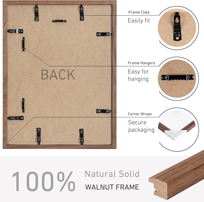 12x16 Picture Frame Natural Solid Walnut Photo Frames with 8.5x11 Removable Mat Wall Hanging Large Handcrafted Frame with HD Plexiglass Wall and Tabletop Display Large Poster Frame-Ruum Studio Home