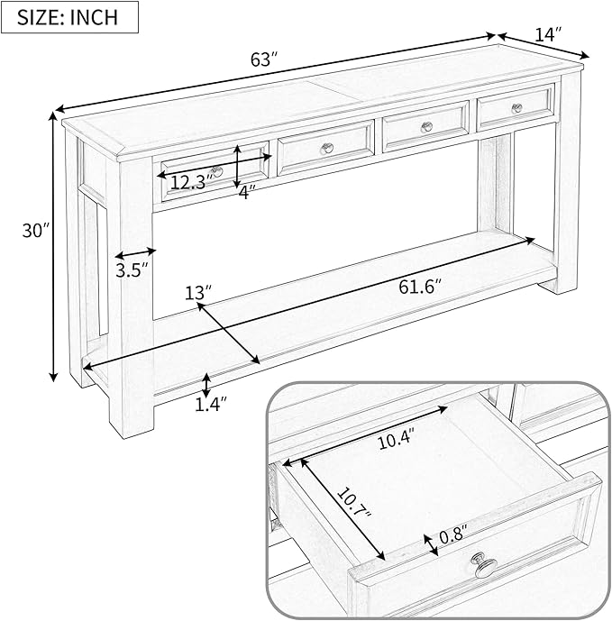White Console Table,Solid Wood Sofa Table with 4 Drawers Hallway Table for Storage Entry Foyer Behind Couch Table,Fully Assembled (63" White)-Ruum Studio Home