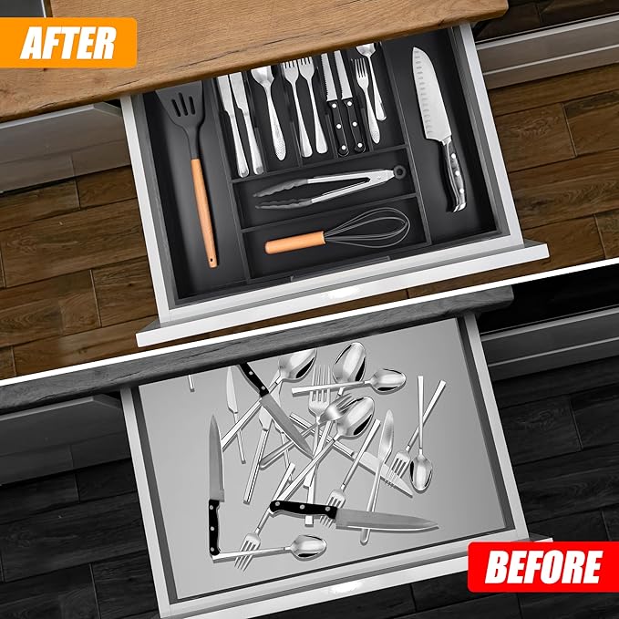 Bellsal Large Premium Bamboo Silverware Organizer - Expandable Utensil Drawer Organizer - 17"x19.6" Utensil Holder and Cutlery Tray with Grooved for Kitchen Flatware and Utensils(7-9 Slot, Black)-Ruum Studio Home