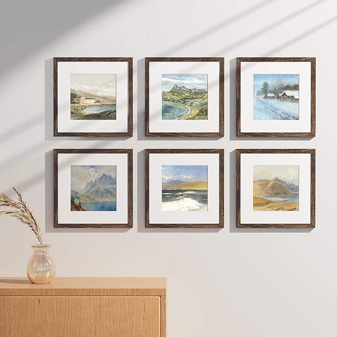 Vittanly 12x12 Picture Frames Set of 9, Shatter Resistant Plexiglass, Display 8x8 Pictures with Mat or 12x12 without Mat, Photo Frames for Wall Mount, Engineered Wood, Brown-Ruum Studio Home
