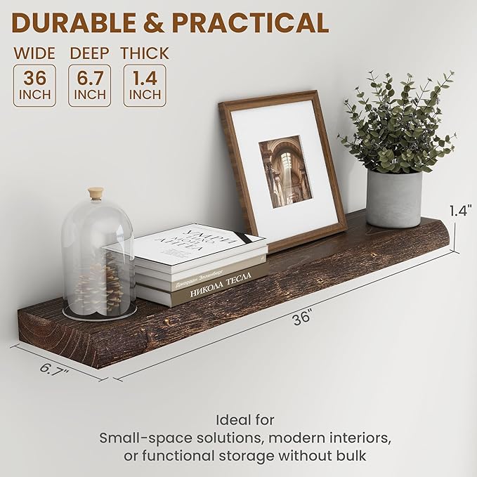 Solid Elm Wood Floating Shelves, 36 Inch Wood Floating Shelves for Wall, Live Edge Wooden Shelves Wall Mounted for Books, Bathroom, Kitchen, Walnut Color, Set of 2-Ruum Studio Home