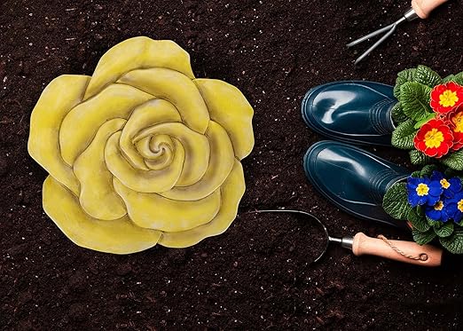 NAT & Jules Rose Flower Shaped Dimensional Indoor Outdoor 12 inch Cast Resin Decorative Garden Stepping Stone, Patio, Walkway Sculpture Yard Art, Yellow-Ruum Studio Home