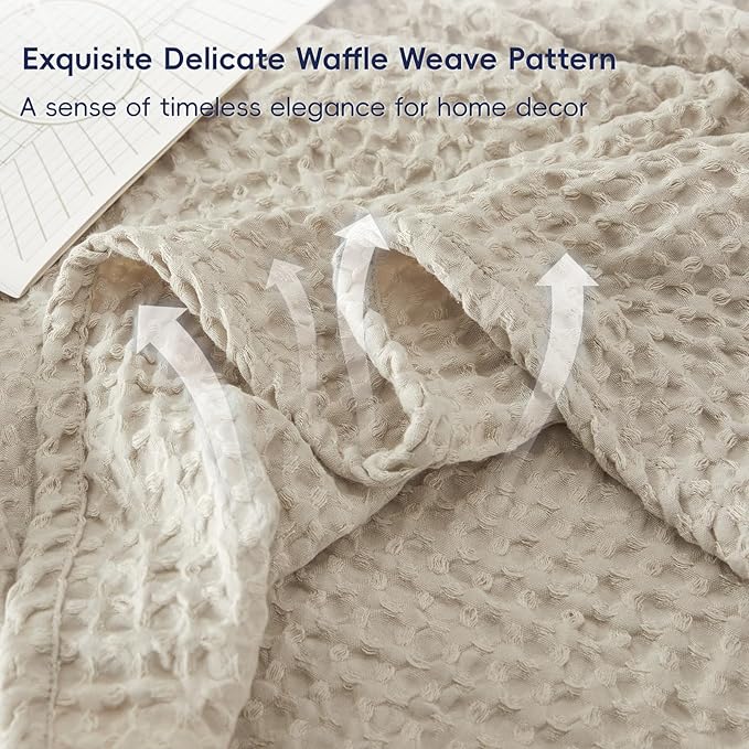 PHF Ultra Soft Waffle Weave Blanket Queen Size 90"x 90"- Washed Lightweight Breathable Cozy Woven Blanket for Bed - Aesthetic Decor for Couch Bedding Sofa Home Car - Light Khaki/Linen-Ruum Studio Home