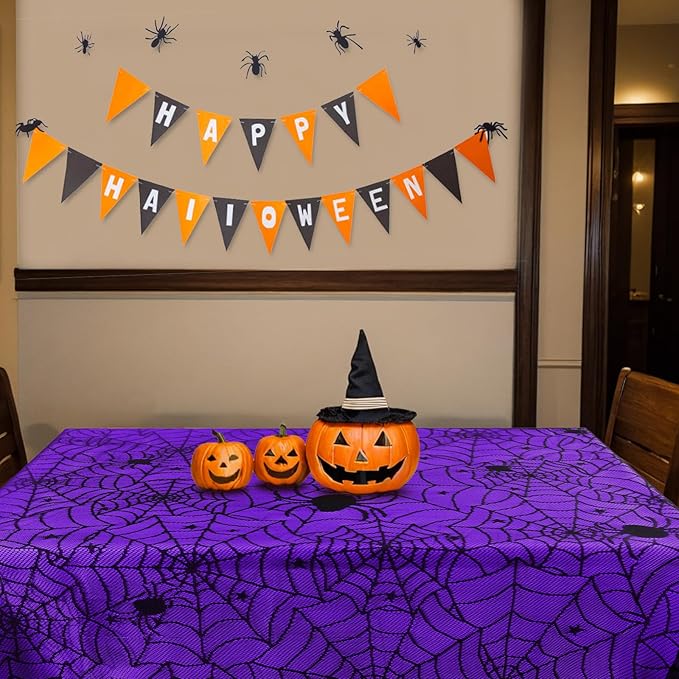 2Pcs Halloween Tablecloths, Black Lace & Purple Lined Rectangular Table Cloth, Spider Web Table Cover for Scary Halloween Decorations Indoor, 54 x 72 Inch-Ruum Studio Home