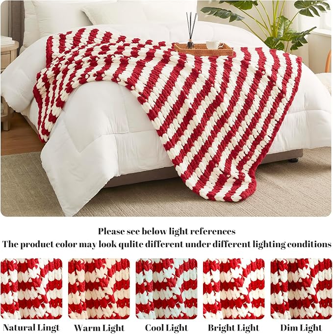 Amélie Home Chunky Knit Blanket Throw, Thick Soft Yarn Chunky Throw 50x60, Handmade Chenille Cable Knitted Crochet Throw Blanket, Warm Rope Knot Blanket for Couch Bed Sofa, Red White Stripe-Ruum Studio Home