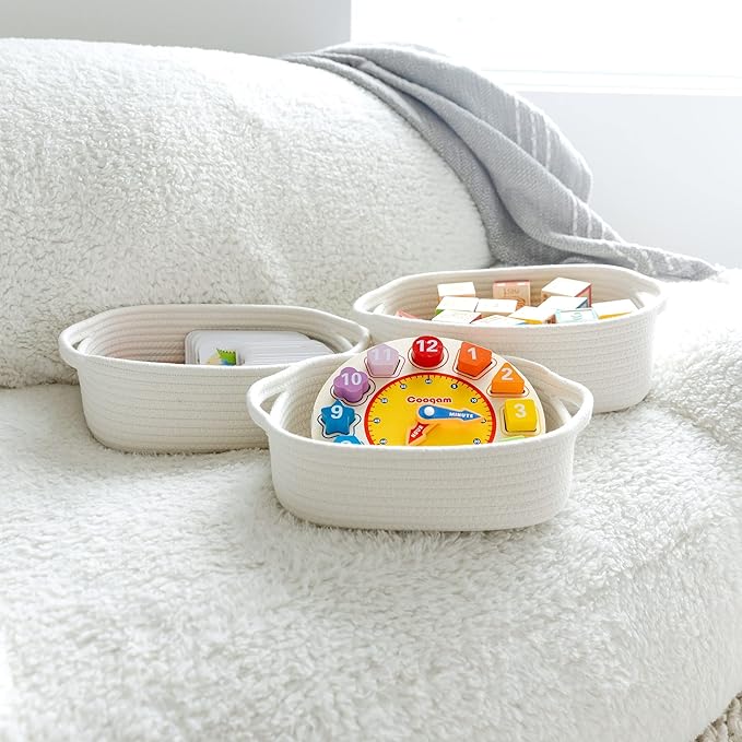 NaturalCozy 5-Piece Rectangle Storage Basket Set- Natural Cotton Rope Woven for Organizing! Small Basket for Montessori, Baby Nursery, Dog Toy Baskets, Cat Toy Box, Bathroom Organization Bin-Ruum Studio Home