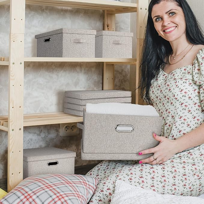 Large 17" 36 Quart Collapsible Stackable Storage Bins with Lids, 3 Packs Beige Linen Fabric Closet Boxes with Lids, Storage Cube Baskets Container Organizers for Bedroom Office(17 x12 x11)-Ruum Studio Home
