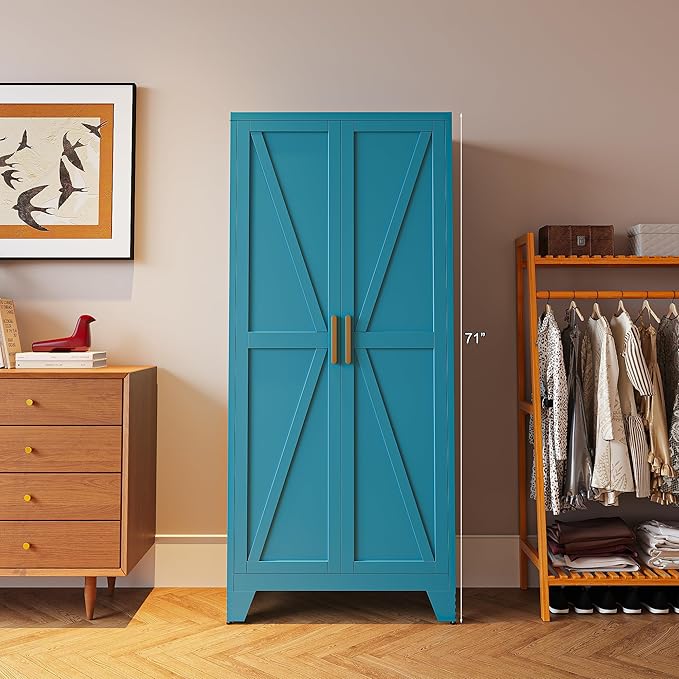 71'' Farmhouse Metal Storage Cabinet with Barn Doors,Steel File Cabinet for Home Office,Kitchen Pantry 4 Adjustable Shelves,Freestanding Cupboard for Kitchen,Home Office (Peacock Blue)-Ruum Studio Home