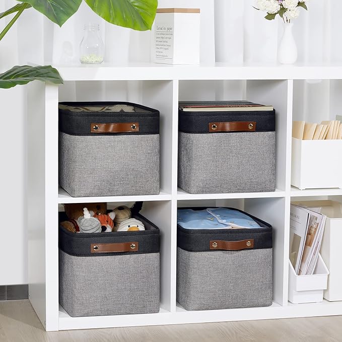 DULLEMELO Canvas Storage Bin with Handles, Fabric Bins for Shelves, Bedroom, Office,Nursery,Fabric Storage Baskets for Toys, Clothes,Gift(Black&Grey,15"x11"x9.5",4-Pack)-Ruum Studio Home