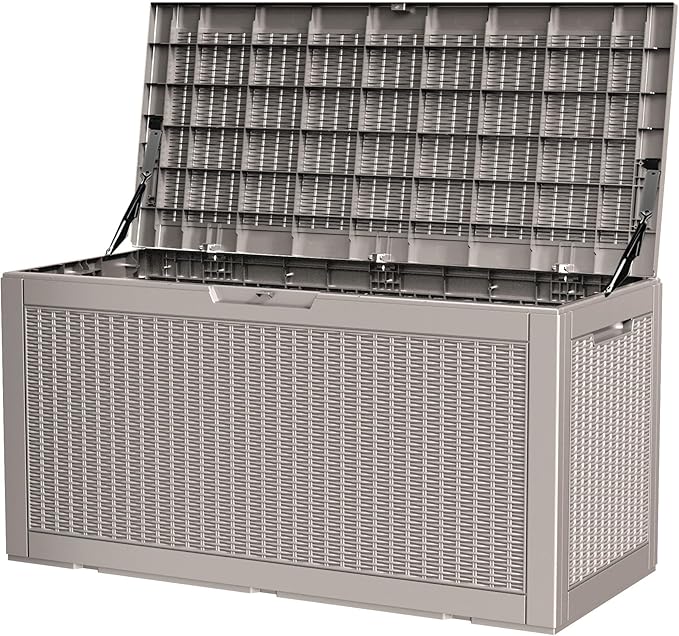 100 Gallon Storage Box, Waterproof Resin Deck Box with Hydraulic Piston Design, Lockable Storage Bench for Package Delivery, Storage Bin for Patio Cushions, Garden Tools, Grey-Ruum Studio Home