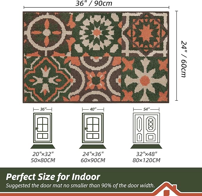 BEQHAUSE Dirt Trapper Door Mat 24" x 36", Non-Slip Entryway Rugs Washable, Floor Mat Stain Resistant and Absorbent Welcome Mat for Front Back Door, Muddy Wet Shoes & Paws, Boho Geometric Floral-Ruum Studio Home