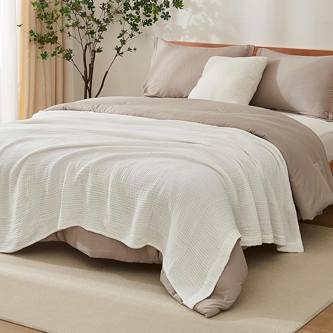 EMME Cotton Throw Blanket for Couch Soft Muslin Blankets 50"x60" Lightweight Breathable Blanket All Season Gauze Blanket, White-Ruum Studio Home