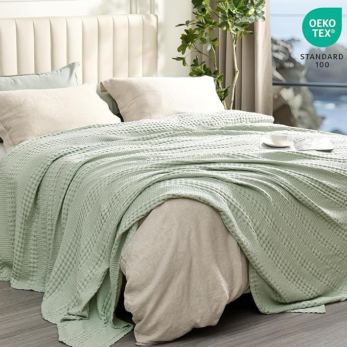 PHF Cooling Waffle Blanket Queen Size, Lightweight 60% Rayon Derived from Bamboo & 40% Cotton Breathable Blanket for Hot Sleepers, Soft and Luxury for Bed Couch and Sofa, 90"x90", Mint-Ruum Studio Home