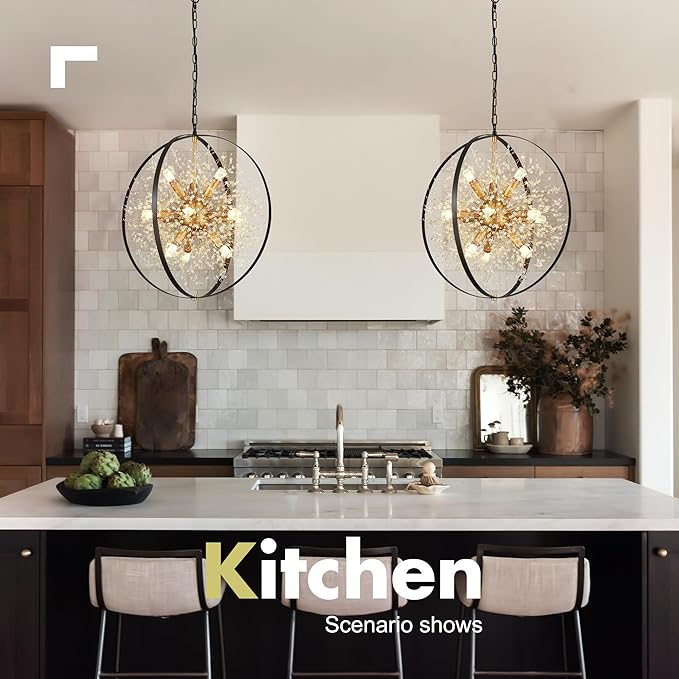 Modern Crystal Chandeliers Firework, 23.2'' Black Gold 12-Light Globe Dandelion Sputnik Chandelier, Hanging Pendant Lighting Fixture for Dining Room, Bedroom, Kitchen, Entryway, Foyer-Ruum Studio Home