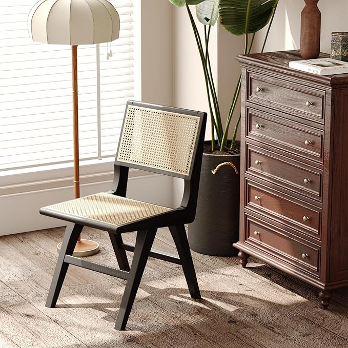 Accent Chair Dining Chairs Set of 2, Solid Wood Frame Boho Rattan Chair, Mid Century Modern Accent Chairs for Living Room Bedroom Dining Room Kitchen(Black)-Ruum Studio Home