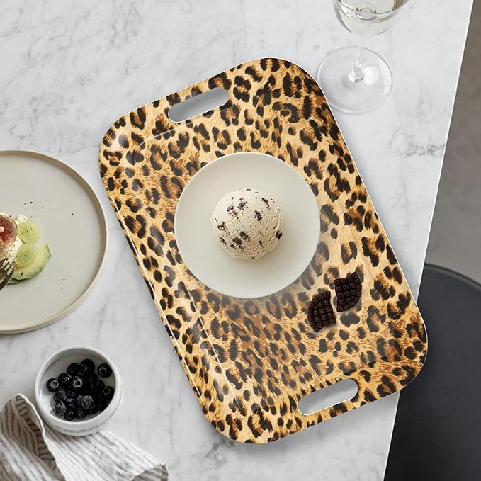 Serving Trays with Handles, 14.5 x 9.8 inch Rectangular Plastic Tray for Restaurant, Kitchen, Brown Leopard-Ruum Studio Home