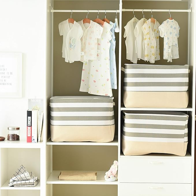 TheWarmHome Jumbo Storage Bins Baskets, Sturdy Fabric Organizing Basket W/Handles, Decorative Foldable Storage Baskets for Shelves Closet Nursery Toy (Grey&White Stripes 3 Pack, 20.5Lx15.7Wx13.8H in)-Ruum Studio Home