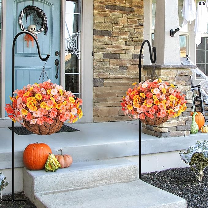 Artificial Fall Flowers Fake Hanging Plants Flowers Basket for Outdoors Autumn Decoration, Silk Morning Glory with Eucalyptus Look Real UV Resistant Faux Flowers for Outside Porch Patio Balcony, Mix-Ruum Studio Home