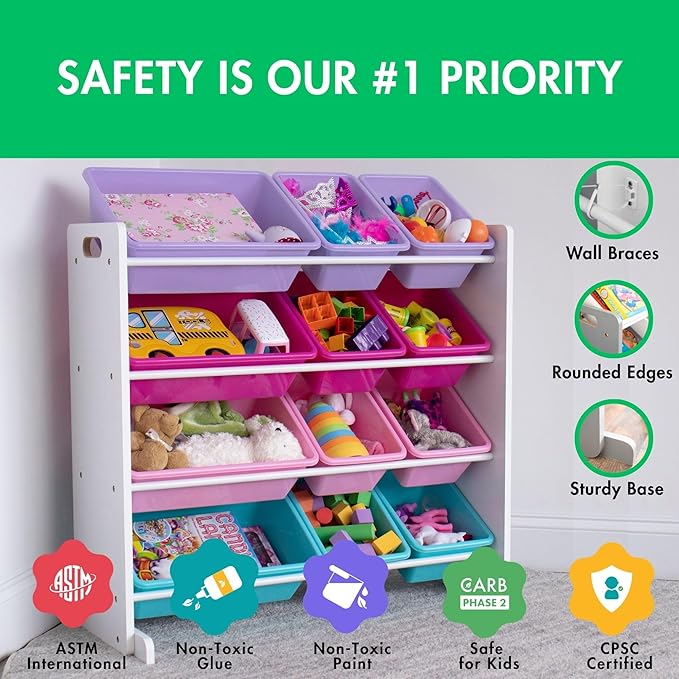 Humble Crew Kids Toy Storage Organizer with 12 Plastic Bins, White/Pink/Purple/Turquoise – Removable Bins for Playroom, Bedroom, Toddler Furniture for Boys and Girls Ages-Ruum Studio Home
