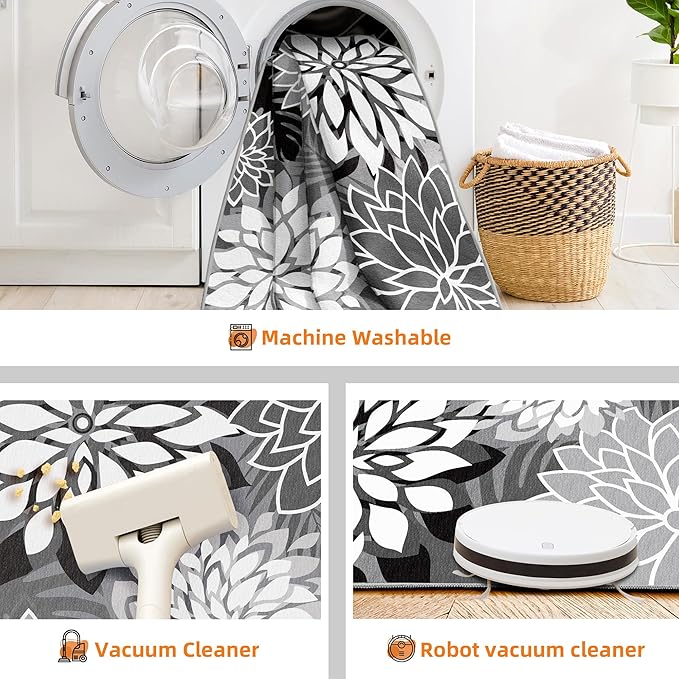 Indoor Outdoor Area Rug Washable Multicolored Rug Tropical Botanical Modern Floral Indoor Outdoor Carpet Black White Rug Non Slip Non Shedding for Patio, Deck, Backyard, Porch (6x9)-Ruum Studio Home