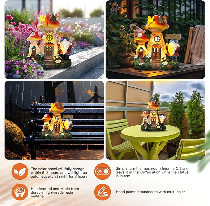 Solar Garden Statue Lights Mushroom Fairy House Figurine, Outdoor Memorial Garden Ornaments Waterproof Decoration for Outside Patio Yard Lawn Decor-Ruum Studio Home