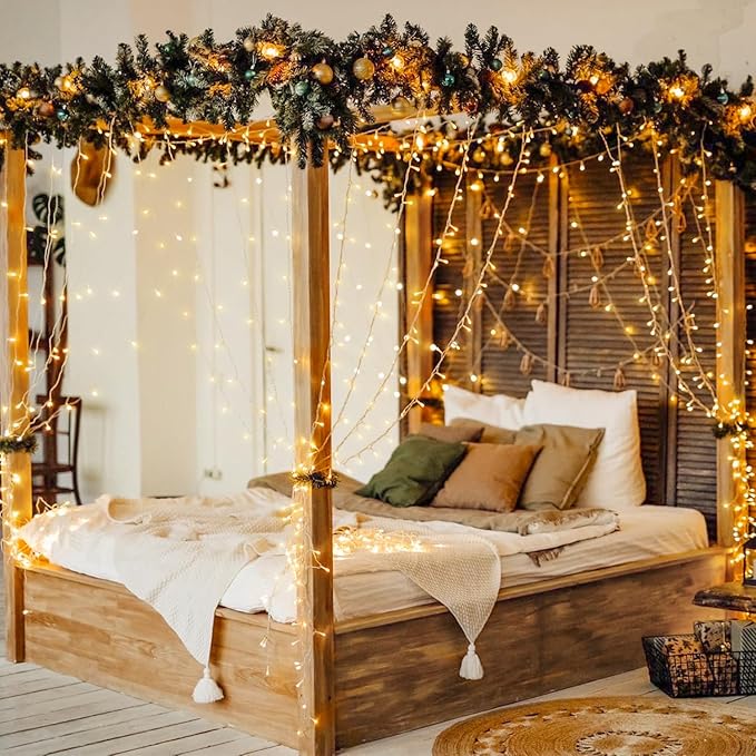 JMEXSUSS 600 LED Christmas Curtain Lights Outdoor, 9.5x19.6ft Christmas String Light Plug in with Remote, 8 Modes Wall Hanging Lights for Bedroom Party Backdrop Wedding Xmas Decor, Warm White-Ruum Studio Home