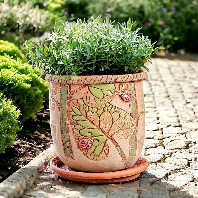 Ceramic Pot with Drainage Hole and Saucer, Plant Pots, Modern Decorative Planters for House Plants Indoor Flowers Plants, Cute Flower Pot - Gifts (Ladybugs (3 L))-Ruum Studio Home