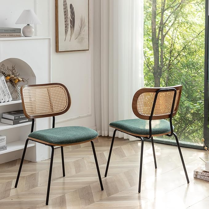 Rattan Dining Chairs Set of 2, Mid Century Modern Dining Chairs with Cane Back for Kitchen Dining Room, 19 Inch Fabric Green-Ruum Studio Home