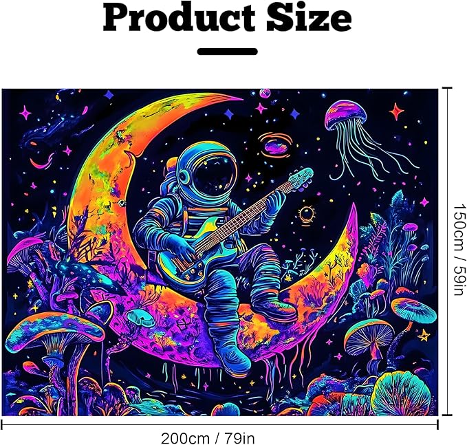 BVBOX Astronaut Space Blacklight Tapestry 79"x59", UV Reactive Astronaut Guitar Moon Universe Galaxy Planet Glow in Dark Music Tapestries, Black Light Neon Upright Poster Wall Hanging Backdrop Decor for Bedroom Living Room-Ruum Studio Home