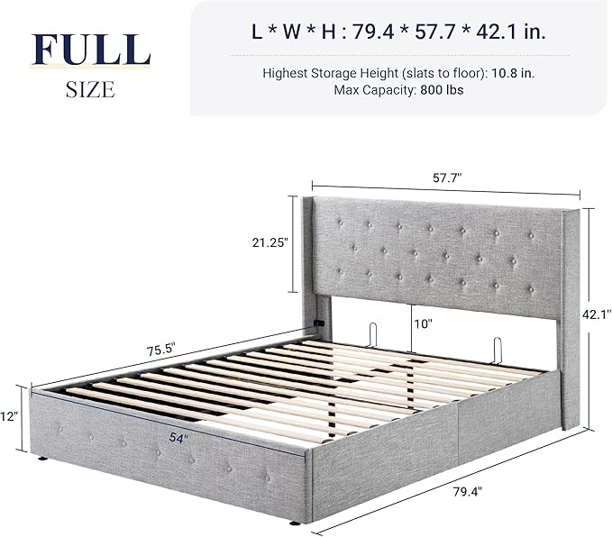 Allewie Full Size Lift Up Storage Bed, Button Tufted Headboard with Wingback, Hydraulic Support, No Box Spring Needed, Light Grey-Ruum Studio Home